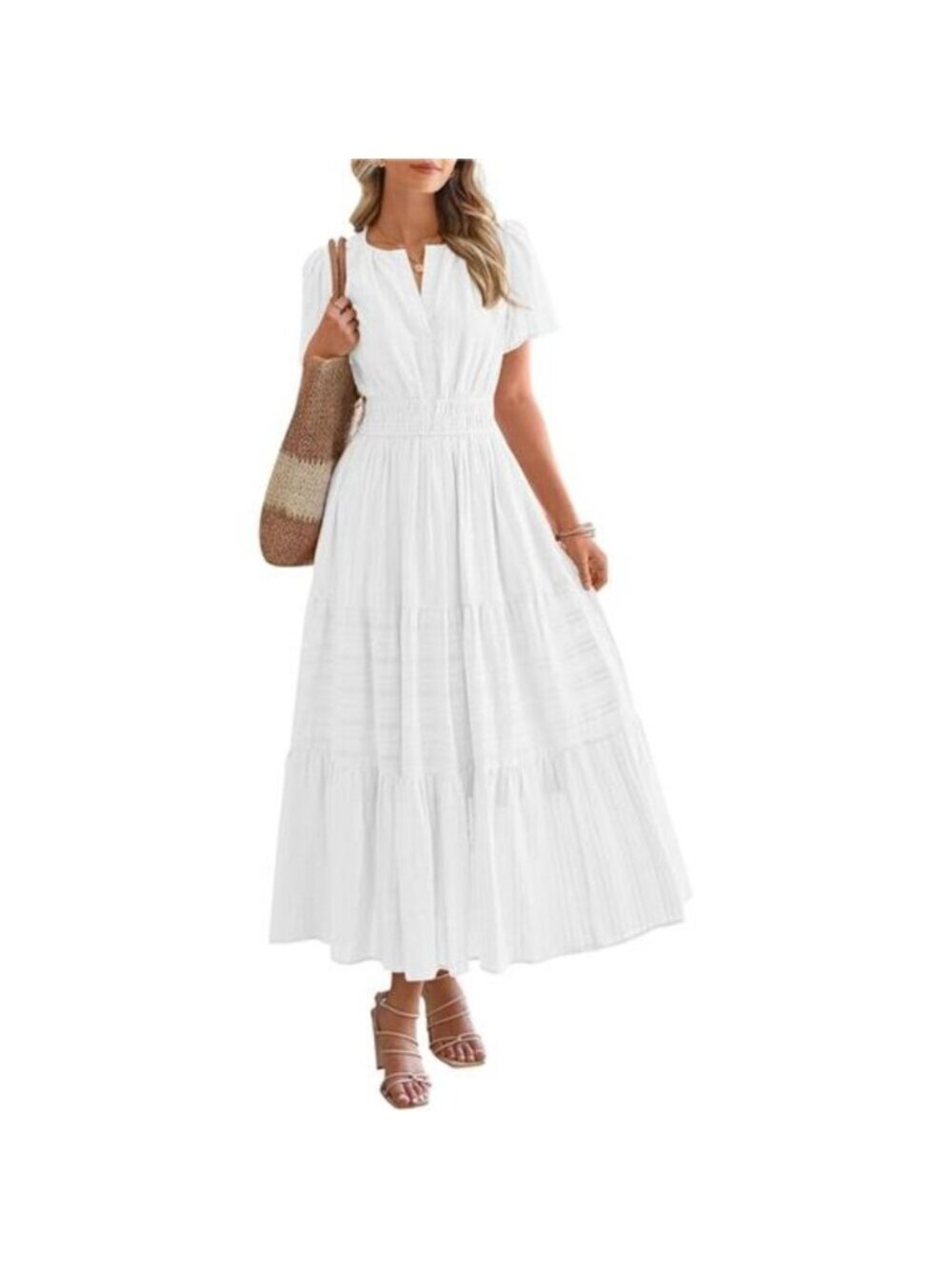 Women's Midi Maxi Dress Lightweight Short Sleeve V Neck Elastic Boho Dress